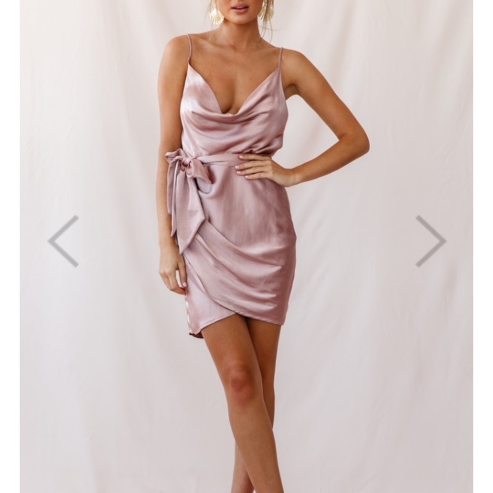 Bebe Satin Cowl Neck Wrap Dress Rose Gold